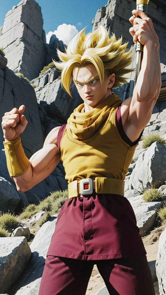 Dragonball Super Future Trunks super sayan with scarf around his neck and sword in his hands. 