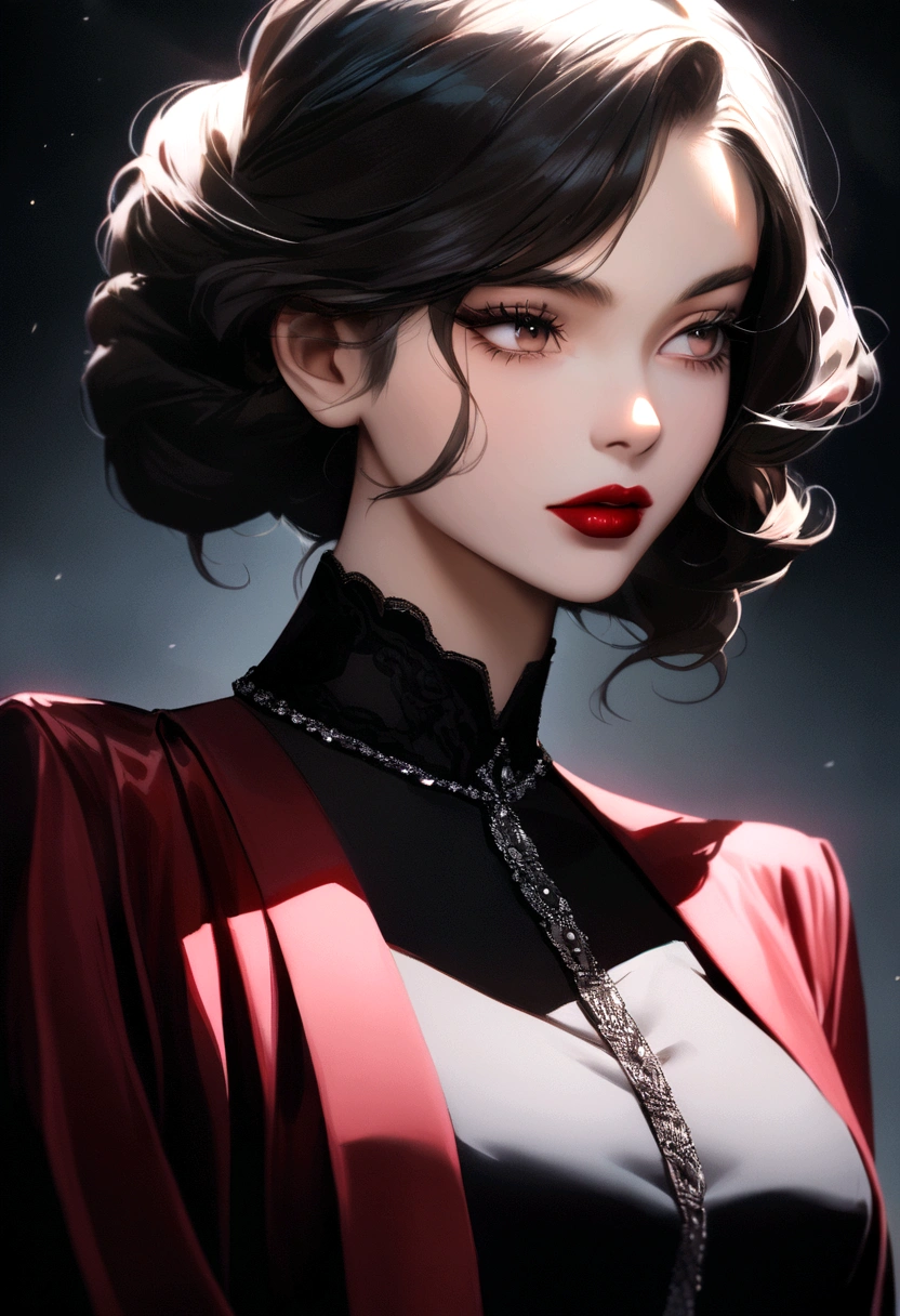 WOMAN WITH WAIST UP, blackquality hair, big eyelashes, red lipgloss stick