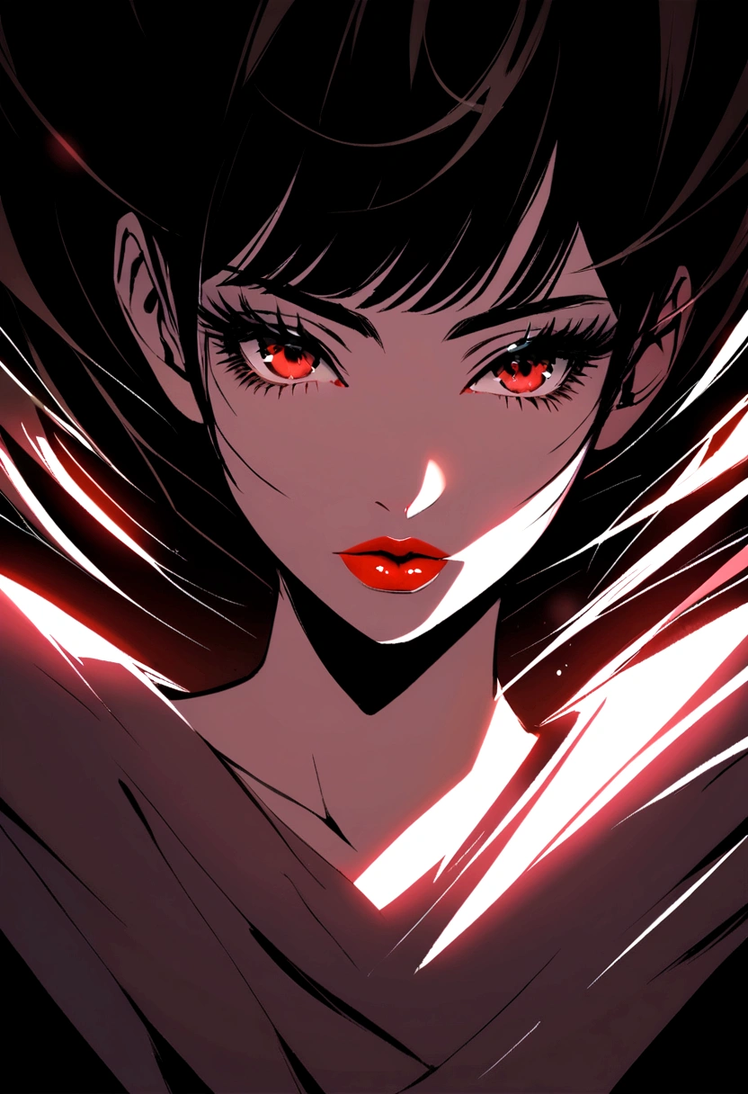 WOMAN WITH WAIST UP, blackquality hair, big eyelashes, red lipgloss stick