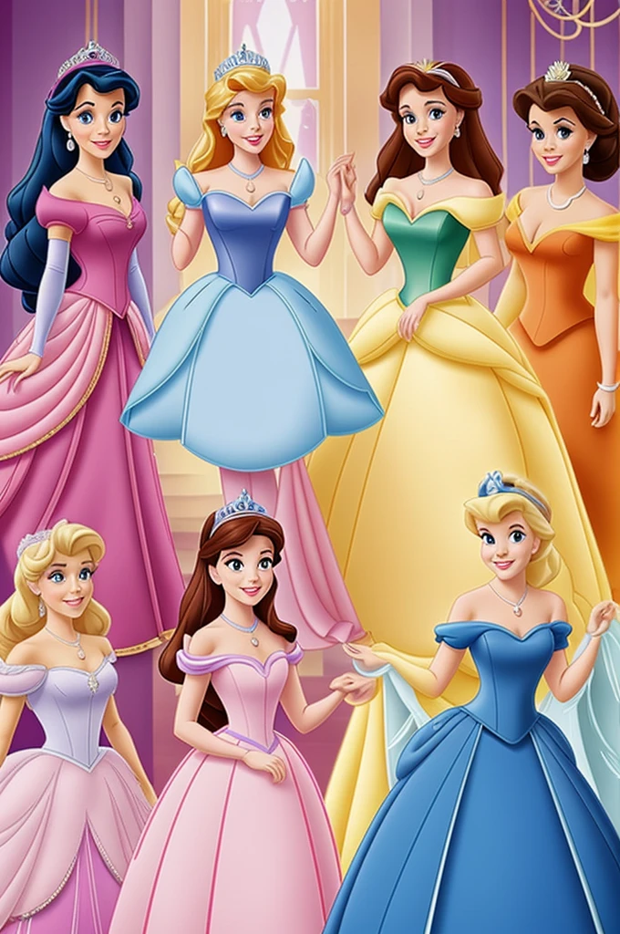Make a poster with the theme of the Disney Chanel princesses and you can see the princesses and there is an apple , a glass slipper like Cinderella's and a crown