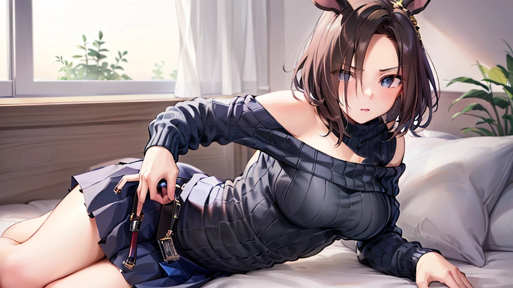 (((masterpiece))),(((High resolution)))、(((perfect face)))、(((Air Groove)))、, (((off shoulder tight sweater, mini black skirt))), Plump, top quality eyes, detailed texture, look at the camera, big tits, ((high resolution face)), ((lying on the bed))