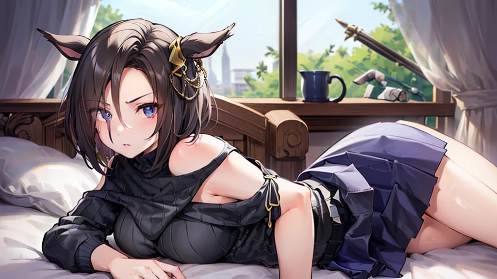 (((masterpiece))),(((High resolution)))、(((perfect face)))、(((Air Groove)))、15 years old, (((off shoulder tight sweater, mini black skirt))), Plump, top quality eyes, detailed texture, look at the camera, big tits, ((high resolution face)), ((lying on the bed))