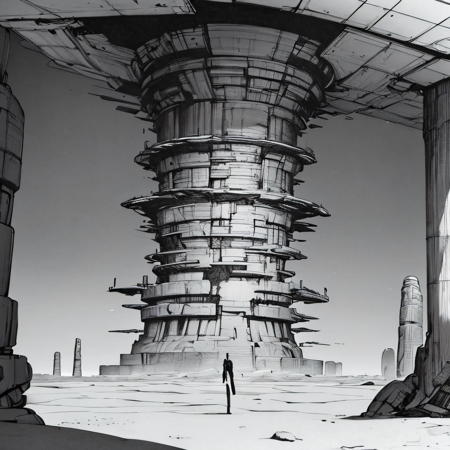 A giant desert adorned with monoliths made of machinations, greyscale, blame concept art, deeply detailed