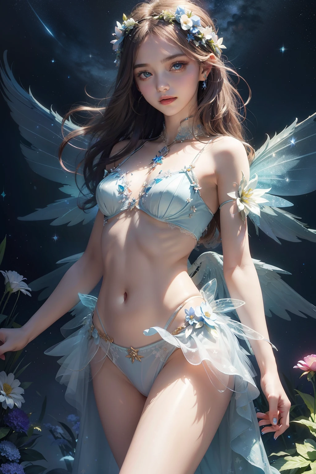 32k Ultra HD, masterpiece, a girl, good face, detailed eyes, detailed lips, flower fairy girl,  light blue wings, neon lights, magnificent background, glass dress, flower crown, starry sky background, divine light, attractive pose,Are thin,Small ,Small waist,Thin legs,Thin ,Thin string-shaped ,Pale pink ,Slim figure,Are thin,Flat ,Flat ,A bright smile that inspires those around you,