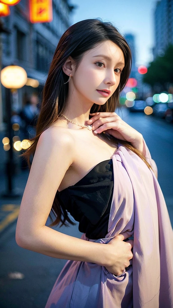 A stunning masterpiece unfolds under the starry night sky, as a beautiful young woman poses by the serene riverbank. Her raven-black hair is swept back, revealing a radiant complexion and a necklace that glimmers in the soft city lights. A delicate earring adorns her ear, while a dark-purple one-shoulder dress hugs her curves, creating a breathtakingly realistic aesthetic. The camera captures her ethereal beauty in a tight portrait, emphasizing her features against the urban backdrop.