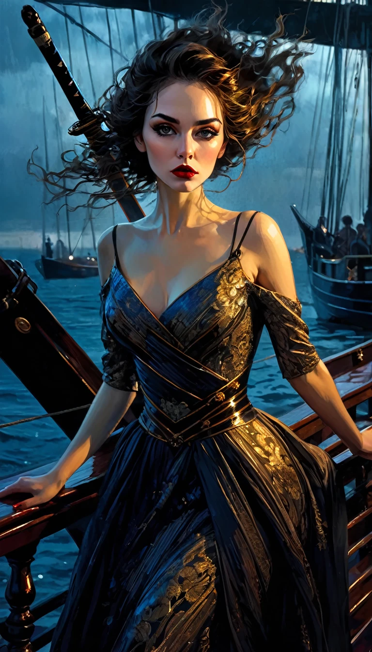 intricate detailed portrait of a beautiful woman,1 woman,beautiful detailed eyes,beautiful detailed lips,extremely detailed face,long eyelashes,elegant flowing dress,standing on a boat deck,6 swords stuck in the deck,dramatic lighting,moody dark atmosphere,cinematic composition,high contrast,chiaroscuro,digital painting,concept art,surreal,Bill Sienkiewicz inspired,masterpiece,best quality,4k,8k,highres,ultra-detailed,realistic,photo-realistic,vivid colors