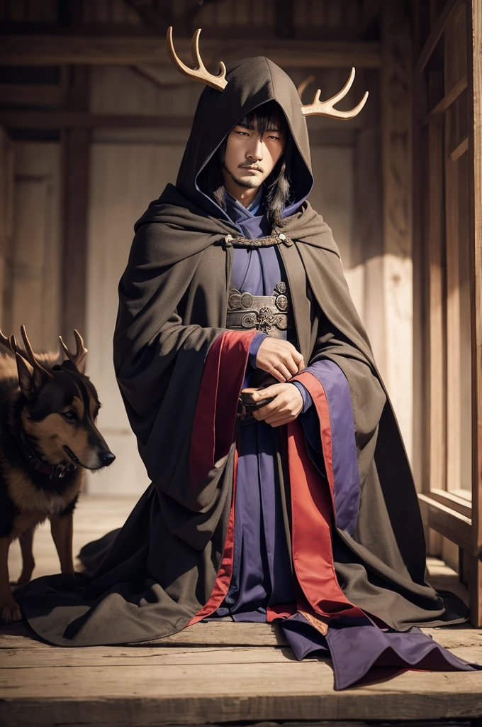 hooded cloak, antlers, Cao Cao, with dog
