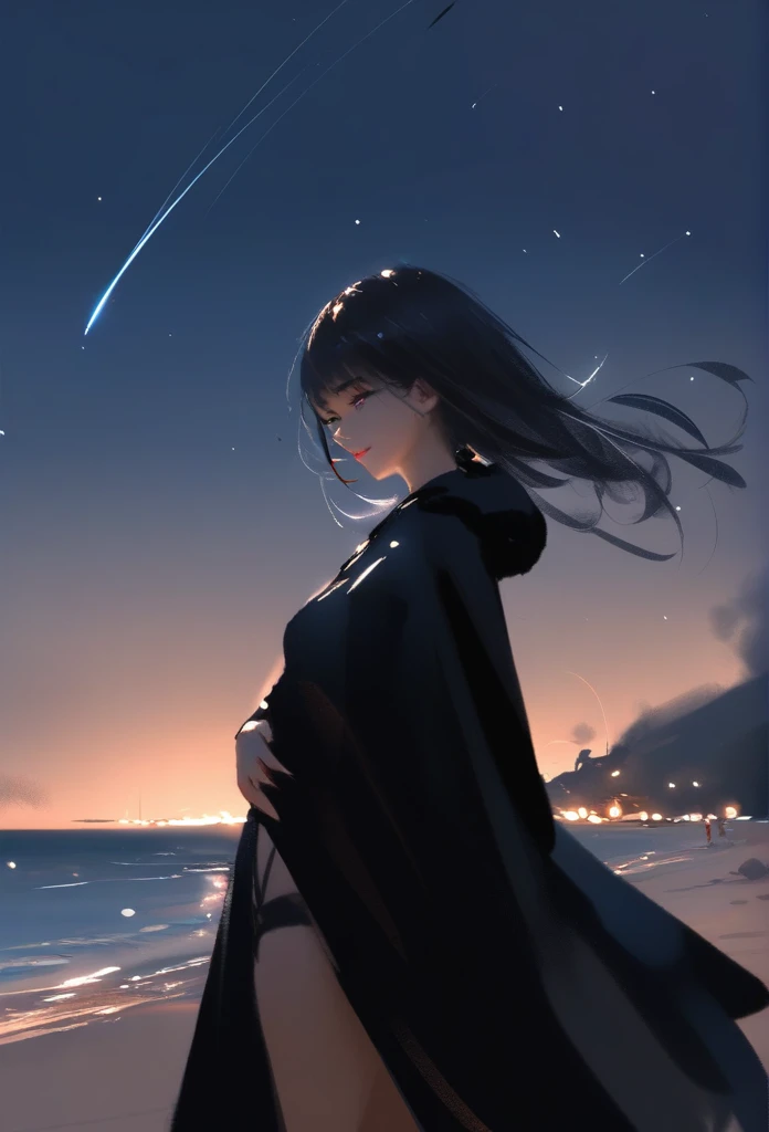 1girl, solo, wlop,
Black hair, gradient eyes, black cloak, seductive smile,
beach, nighttime, shooting stars
masterpiece, best quality,
