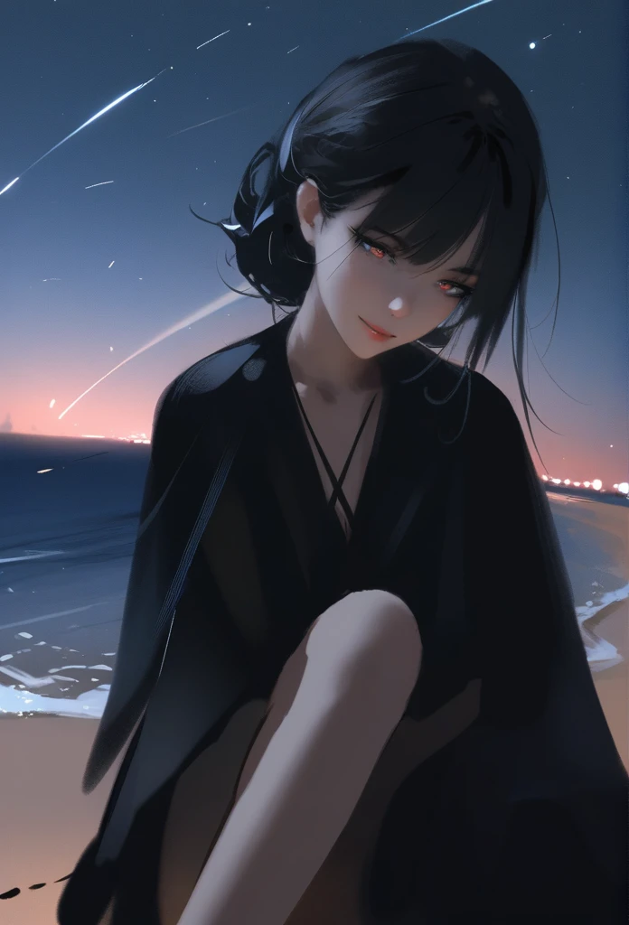 1girl, solo, wlop,
Black hair, gradient eyes, black cloak,  smile, 
beach, nighttime, shooting stars
masterpiece, best quality,