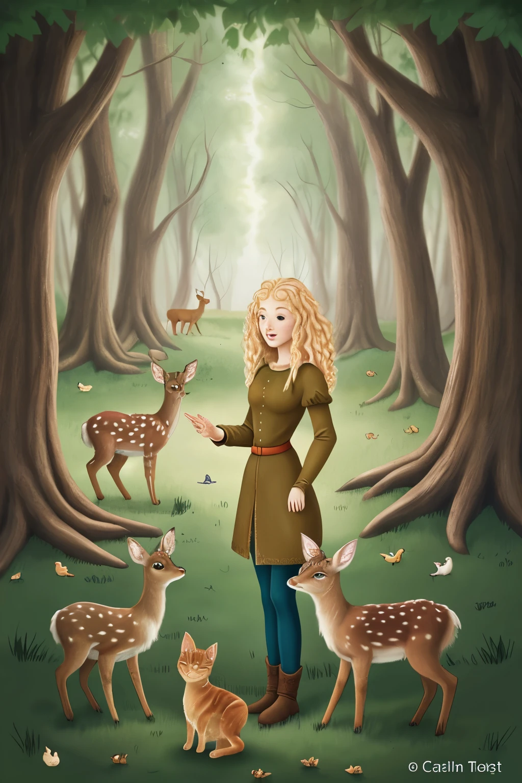 create an illustration for a fairy tale about a with blond curly hair, standing in the forest, who can talk to animals: deer, birds, cat and dog