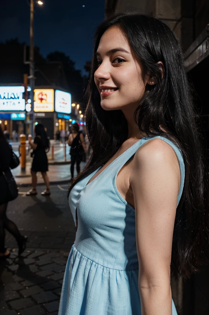 white woman in the street, at night, very white skin, long black hair, smiling, looking on the side, sky-blue dress, high brightness, low contrast, low shadows