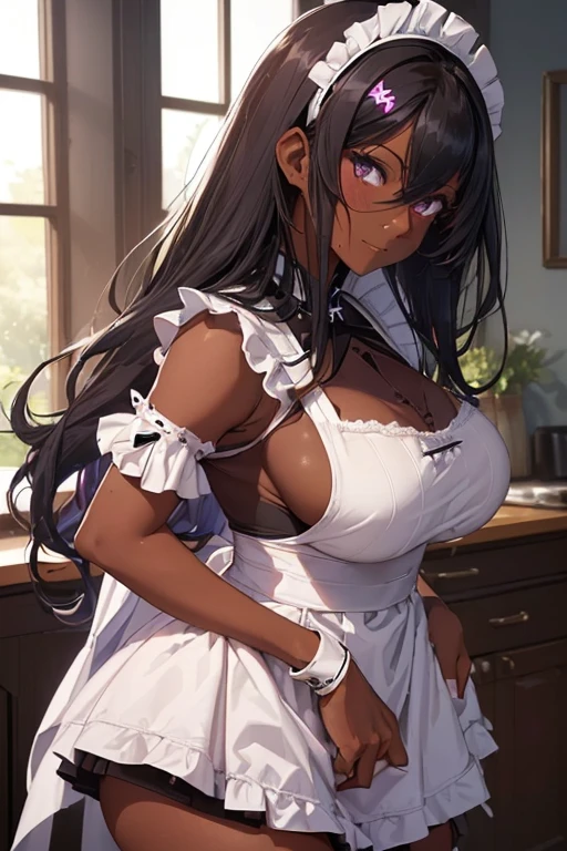 (isabe),(1 girl),(pretty:1.5),(Super hot:1.5),(super mega dark skin:2.0),(Long dark purple hair and dark purple eyes),(Super mega gigantic breasts:1.5 ),(Height 1.76),(pretty young woman),(super pretty 18 year old teenager),(Wearing),+,(\dressed as a maid, and maid's outfit and super revealing on the back, I lowered the short skirt a lot, showing her legs, and a little of her panties, and the part of the apron at the back of the skirt is very low, showing her delicious buttocks, and over the maid uniform it looks like a very short and sexual bra, and she has an ass big and super big breasts, she is super busty and has very big buttocks)/