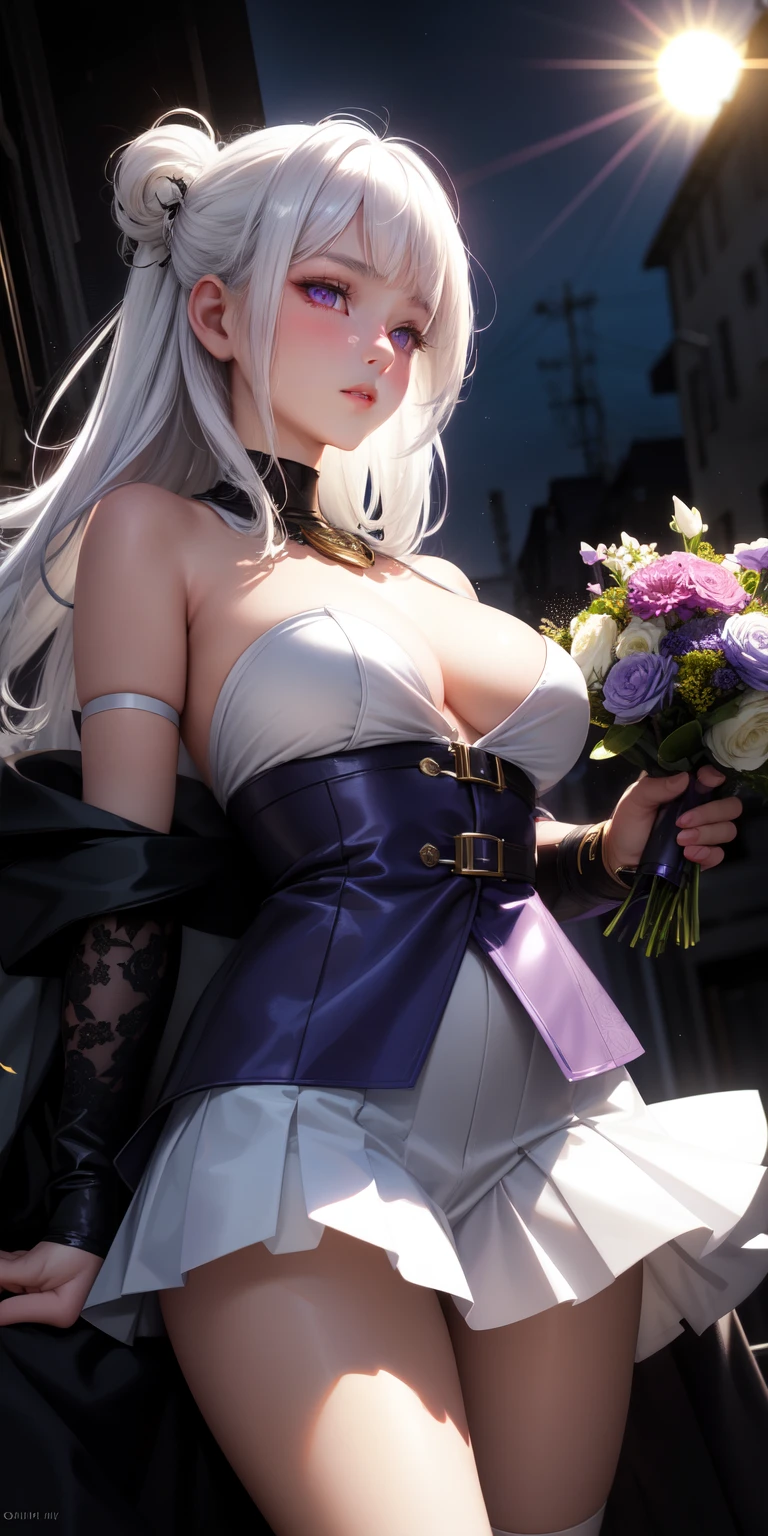 realistic, 1girl, white hair, purple eyes, glowing eyes, , skirt, parted lips, blush, night, flowers, sun, sunlight, desnuda 