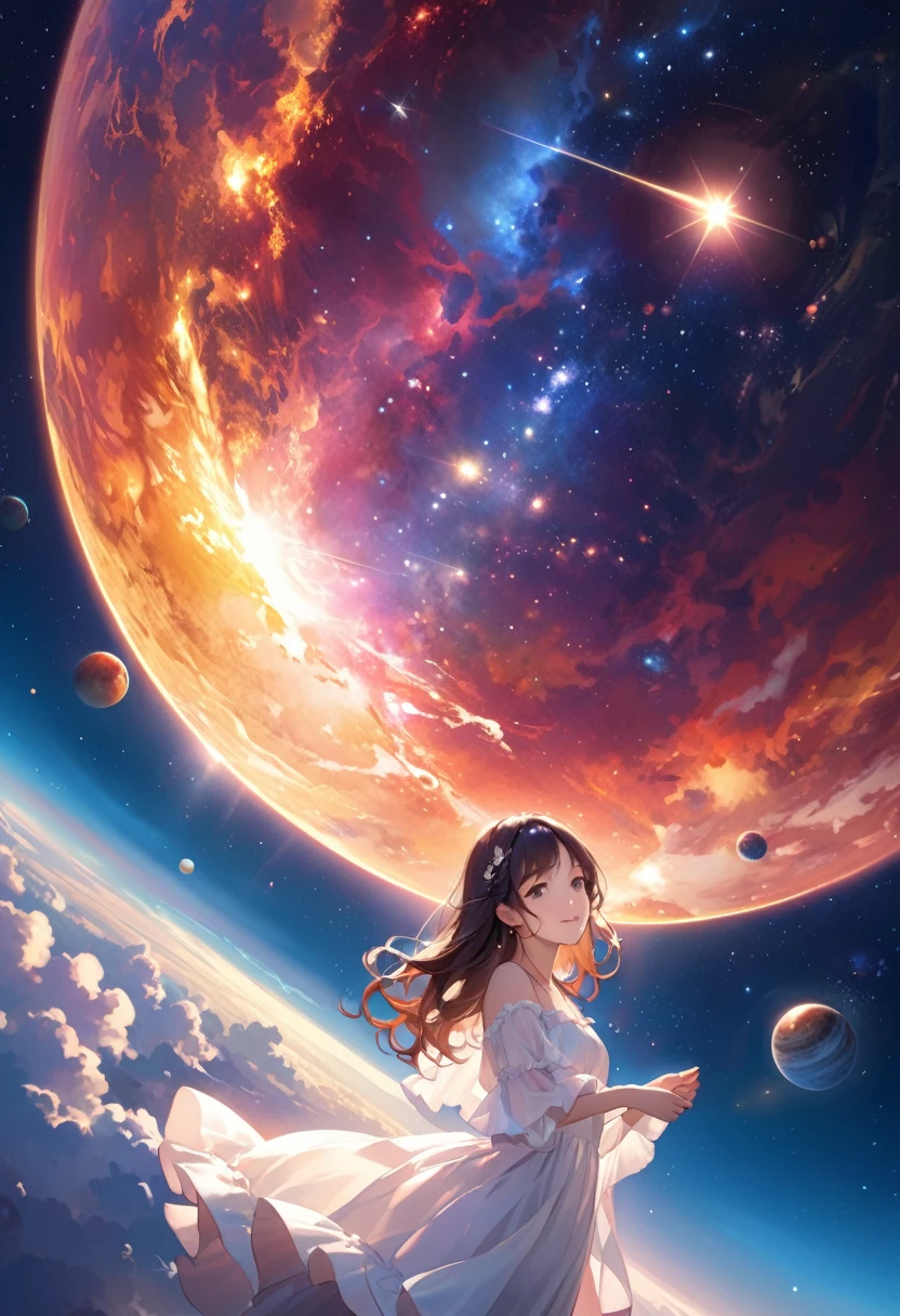 Highest quality、High resolution、Detailed Background、Beautiful face in every detail、Detailed facial expressions、Teenage beauty、Cute hair colour、Wavy Hairstyle、Perfect body line、Late Night、white lace nightdress、very beautiful、 A spectacular sight of the universe disappearing、star々are disappearing one by one、The light and darkness are disappearing、(A beautiful girl looking at the end of the universe:1.5)