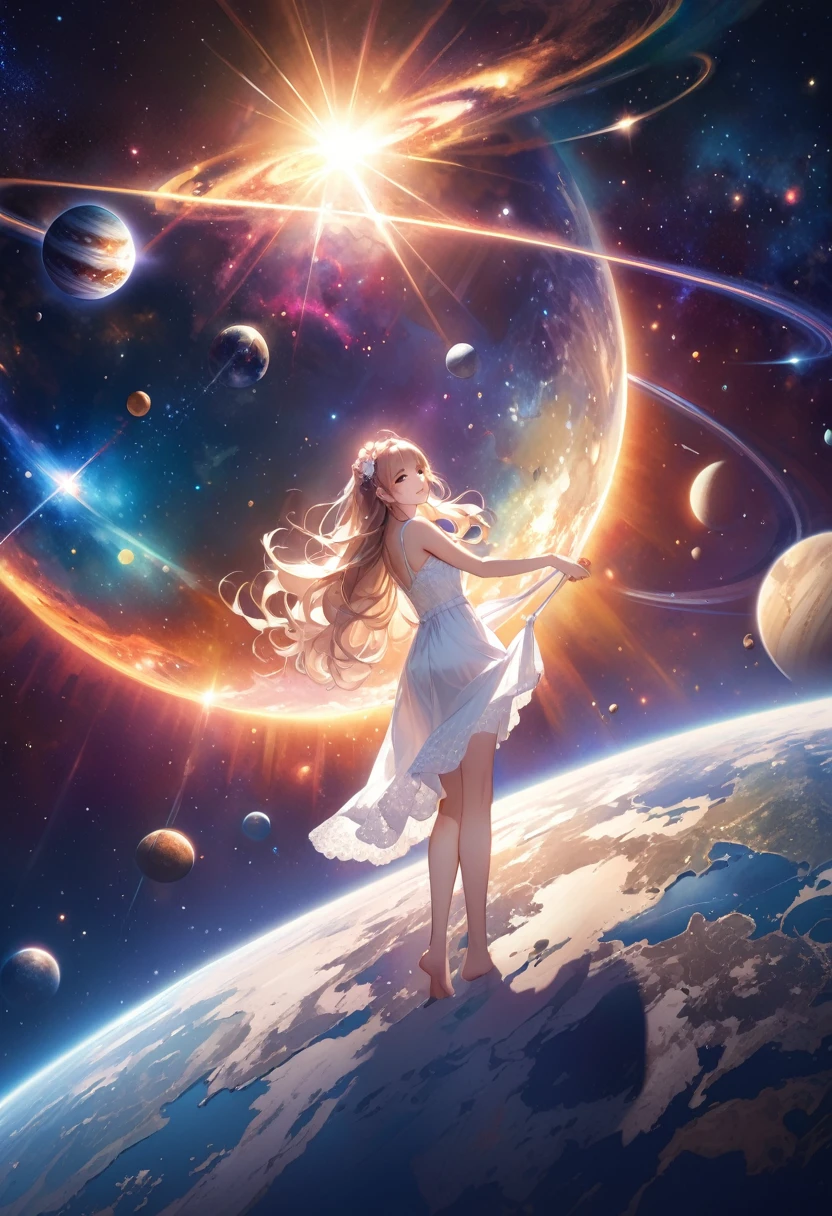 Highest quality、High resolution、Detailed Background、Beautiful face in every detail、Detailed facial expressions、age beauty、Cute hair colour、Wavy Hairstyle、Perfect body line、Late Night、white lace nightdress、very beautiful、 A spectacular sight of the universe disappearing、star々are disappearing one by one、The light and darkness are disappearing、(A beautiful girl looking at the end of the universe:1.5)