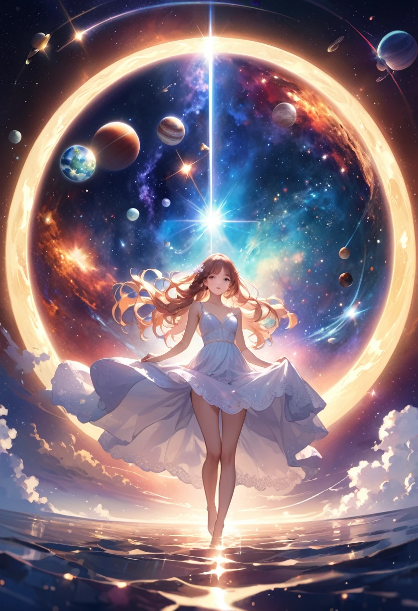 Highest quality、High resolution、Detailed Background、Beautiful face in every detail、Detailed facial expressions、Teenage beauty、Cute hair colour、Wavy Hairstyle、Perfect body line、Late Night、white lace nightdress、very beautiful、 A spectacular sight of the universe disappearing、star々are disappearing one by one、The light and darkness are disappearing、(A beautiful girl looking at the end of the universe:1.5)