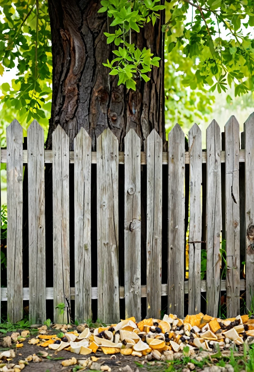 under the tree a wooden fence, the surface with leftovers from the tree and boiled