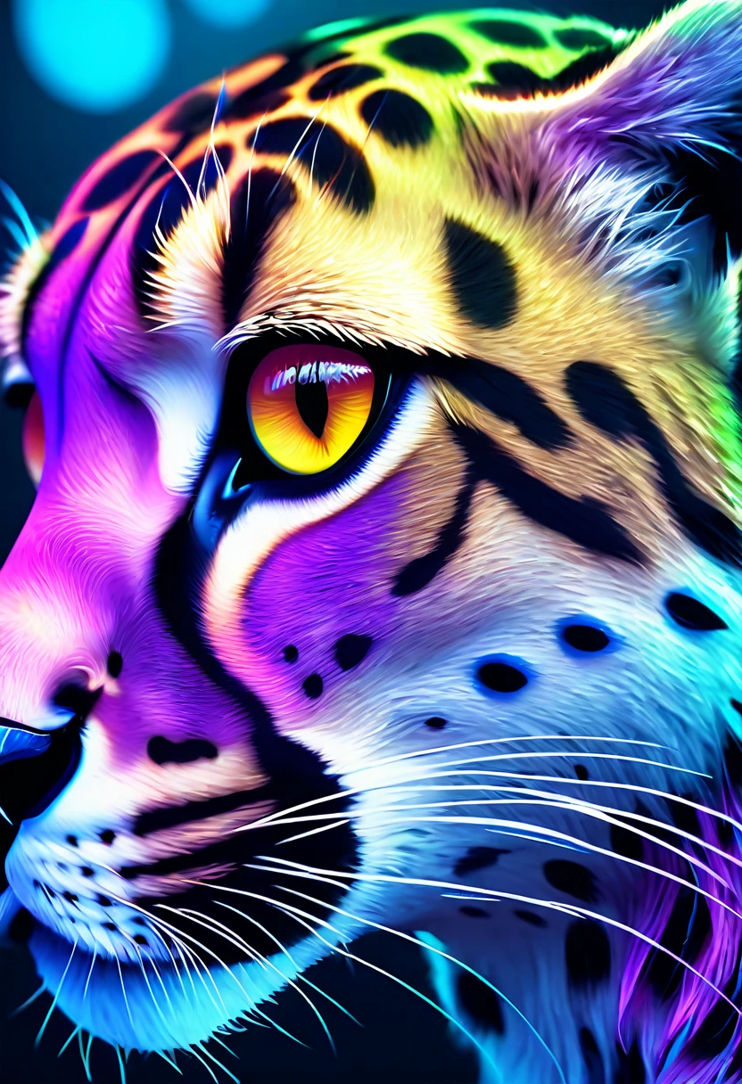 Cheetah、Psychedelic Art、Surreal、Abstract、colorful、vivid、Trippy、kaleidoscope、prism、Neon color、Shine、Future、Digital Art、3D Rendering、Cinematic lighting、Dramatic Shadows、(Highest quality、4K、8K、High resolution、masterpiece:1.2)、Super detailed、(Real、Photorealistic、Photorealistic:1.37)、Intricate details、Sharp focus、vividな色、Hypnotic、Enchanting、Enchanting