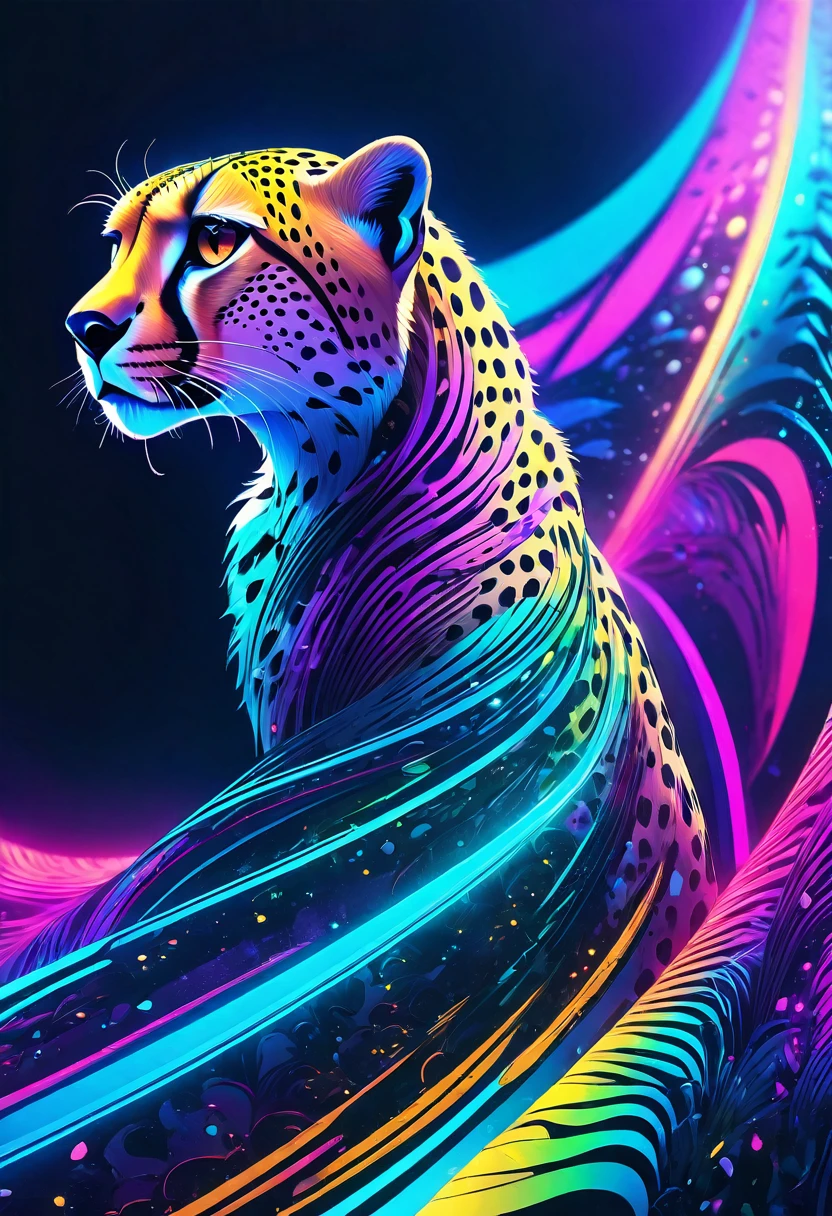 Cheetah、Psychedelic Art、Surreal、Abstract、colorful、vivid、Trippy、kaleidoscope、prism、Neon color、Shine、Future、Digital Art、3D Rendering、Cinematic lighting、Dramatic Shadows、(Highest quality、4K、8K、High resolution、masterpiece:1.2)、Super detailed、(Real、Photorealistic、Photorealistic:1.37)、Intricate details、Sharp focus、vividな色、Hypnotic、Enchanting、Enchanting