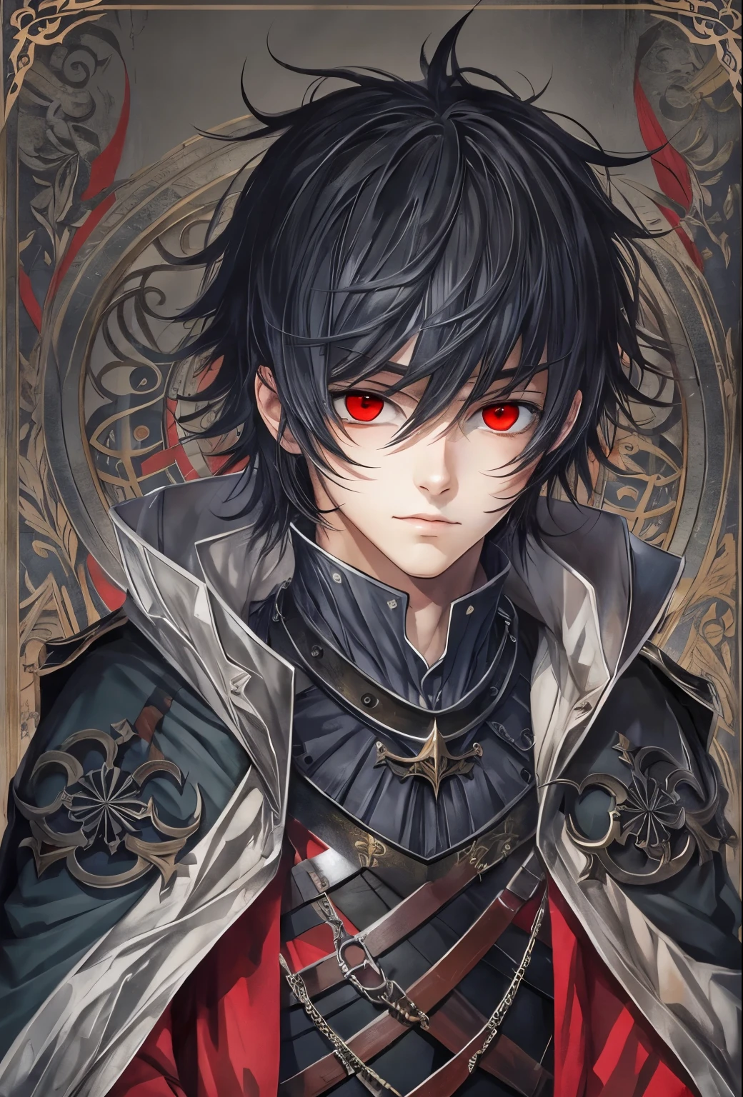 (Masterpiece artwork, best qualityer: 1.2) alone, Anime boy, black hair , red eyes , medieval clothes