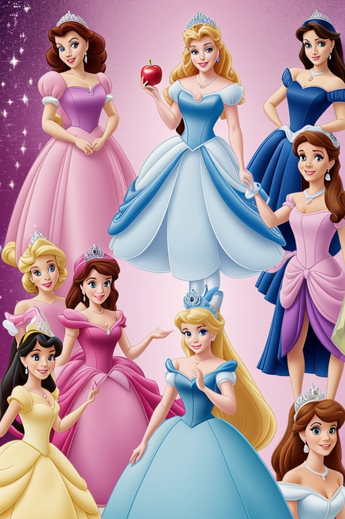 Make a poster with the theme of the Disney Chanel princesses and you can see the princesses and there is an apple , a glass slipper like Cinderella's and a crown