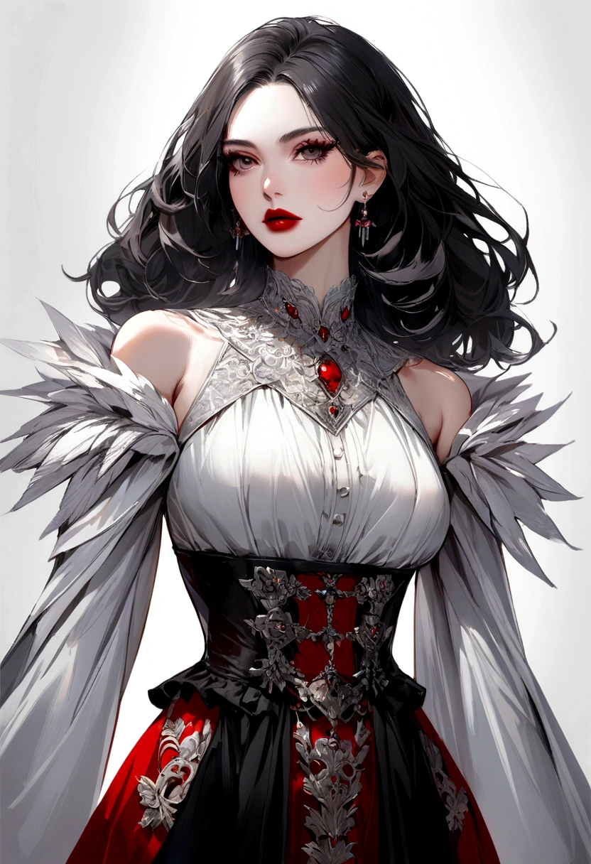 WOMAN WITH WAIST UP, blackquality hair, big eyelashes, REALISM RED LIPSTICK