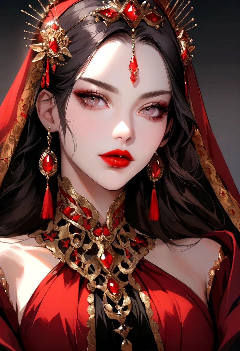 WOMAN WITH WAIST UP, blackquality hair, big eyelashes, REALISM RED LIPSTICK