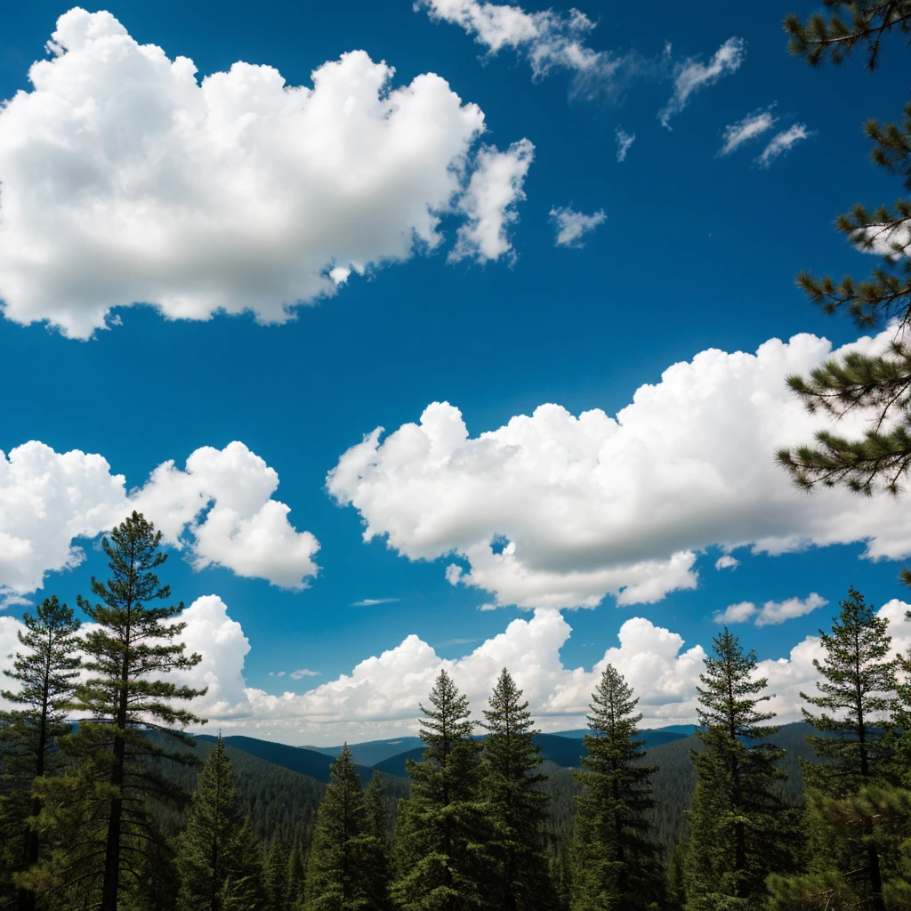 Clear sky with clouds and pine trees