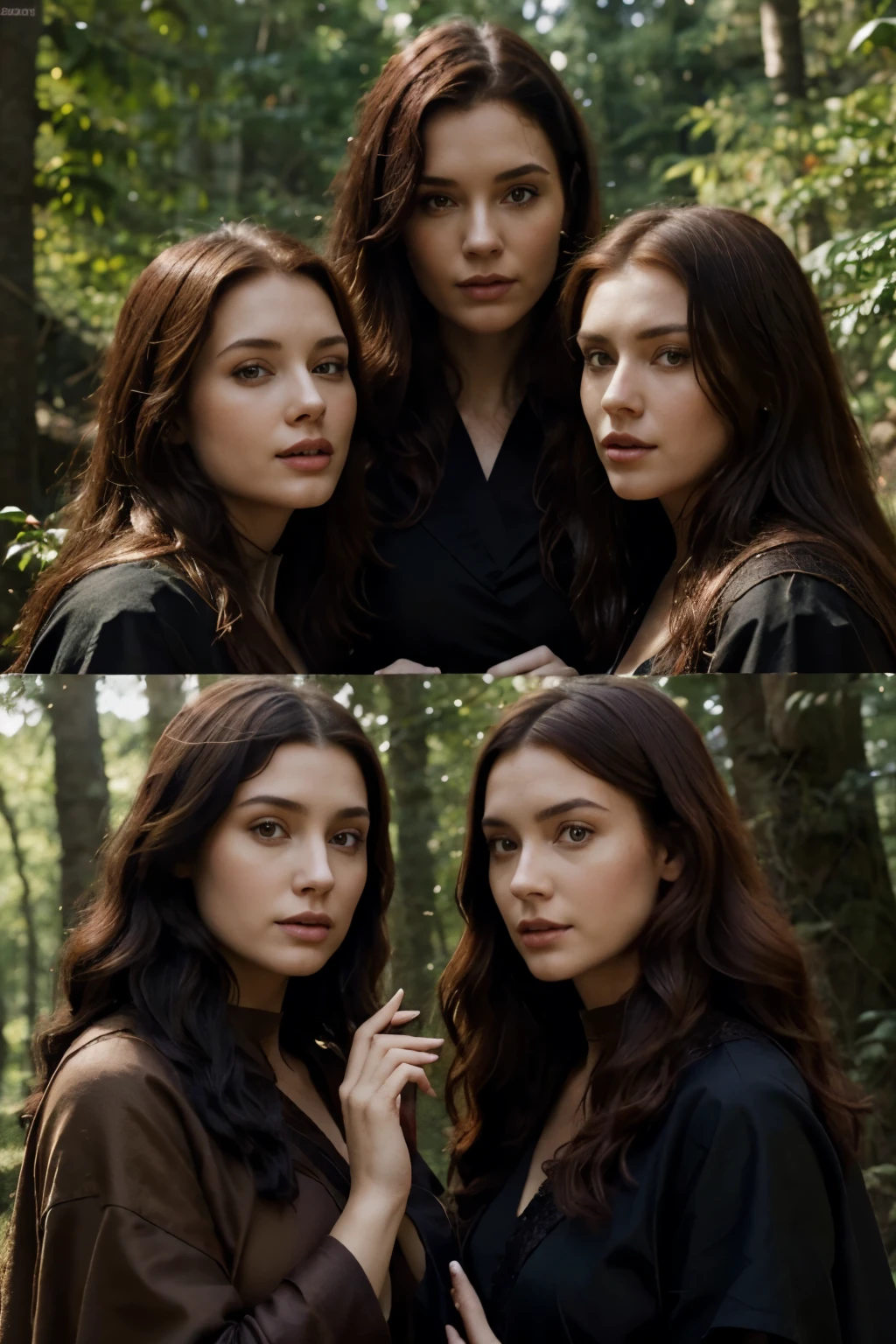 draw three women, one with brown hair, one with black hair and another with red hair who wear a medieval tunic and who are in a lush forest., where the black haired woman is in the center, the redhead on the left and the brown-haired one on the right and their robes cover their faces and they look like witches.