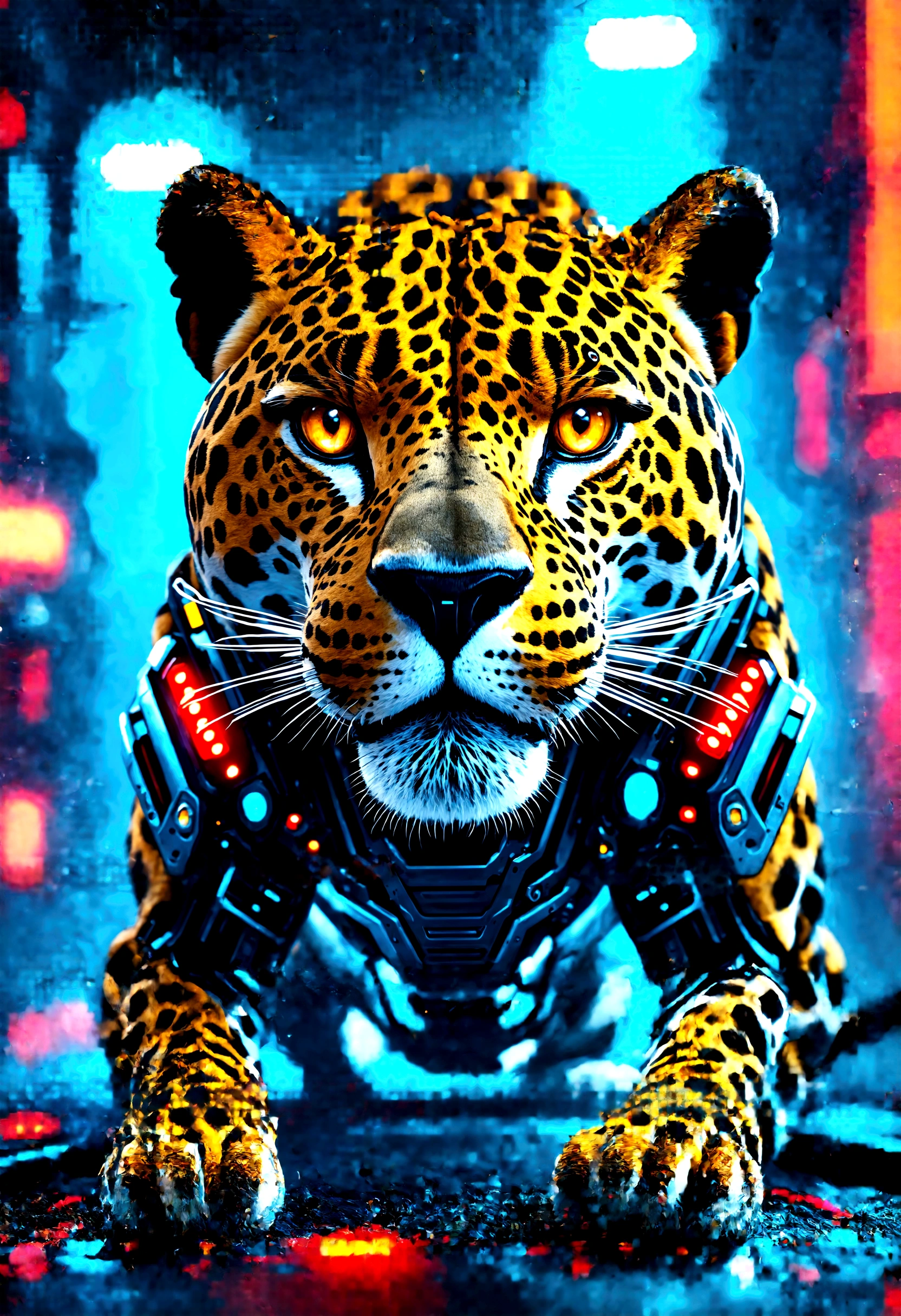 a highly detailed, ultra-realistic 1 cyberpunk leopard, advanced biomechanics, futuristic technology, space, alien environment, 8k, hyper detailed, photorealistic, cinematic lighting, dramatic atmosphere, intricate mechanical parts, glowing neon details, vibrant colors, volumetric fog, depth of field, award winning, digital art