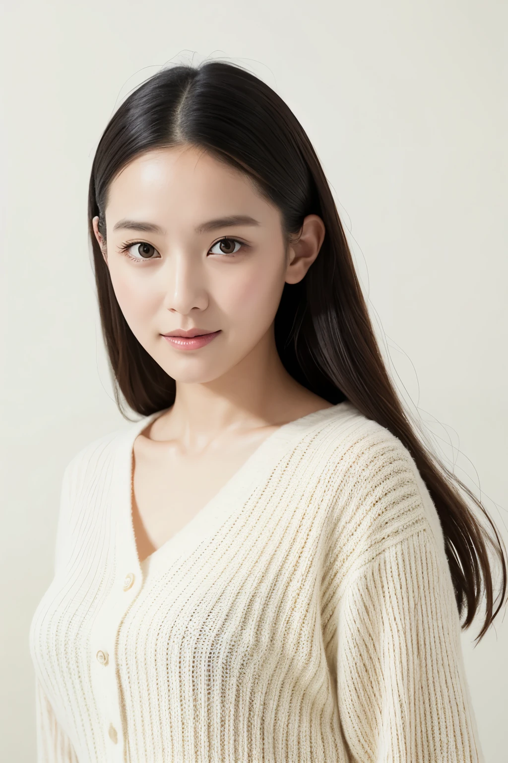 (Highest quality、Tabletop、8K、Best image quality、Award-winning works)、One 35-year-old woman、Plump face、(Selfie:1.1)、[Large Breasts]、Full of maternal love、Gentle expression、Expressionless、(Elegant long sleeve cardigan:1.1)、No makeup、(The simplest cream color background:1.3)、Close-up of face、Accurate anatomy、(Bright and glowing skin:1.2)、Front facing body