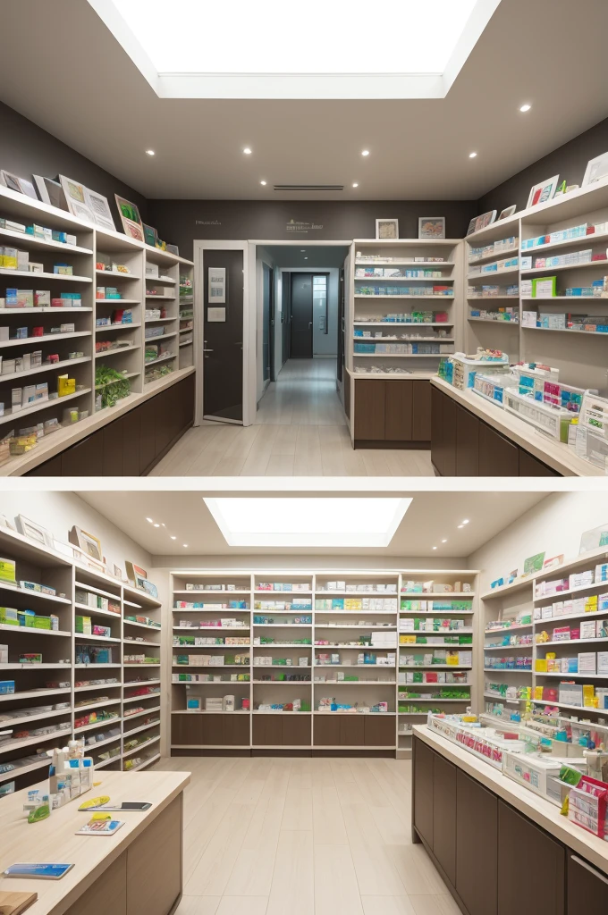 make an image of an architectural project of a pharmacy parte de dentro