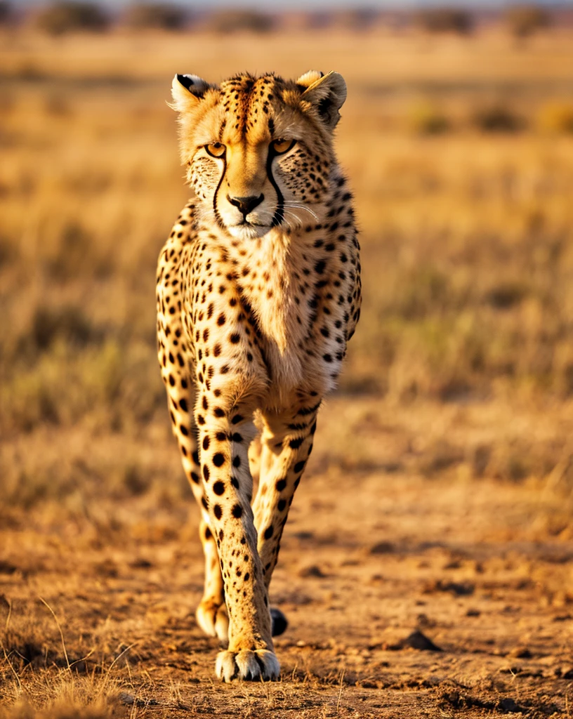 a majestic cheetah, photorealistic, 8k, detailed fur texture, predatory gaze, running through the savanna, dynamic motion blur, golden hour lighting, dramatic shadows, vibrant colors, cinematic composition