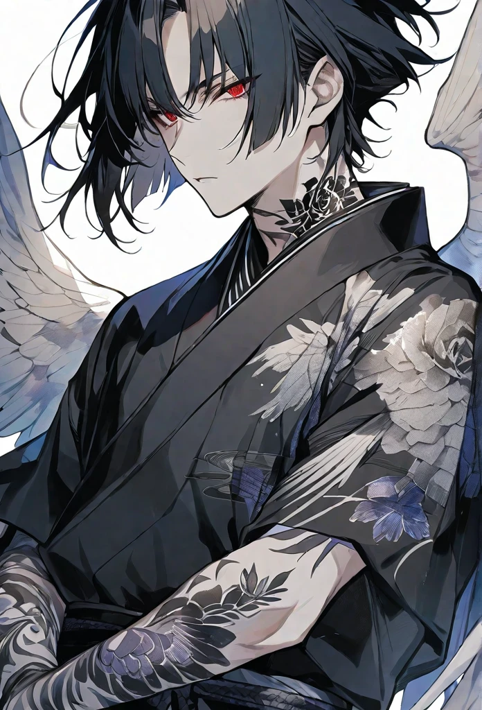 solo,handsome, monotone,Watercolor,
1. male,
bangs,Straight Hair,Bob Hair, ポニーテール,
black hair, Gojo Satoru,angel wing,
red Eyes,Black Rose Tattoo,butterfly Tattoo,
Black kimono,Japanese Pattern,
skin,Silver Accessories,
White background,