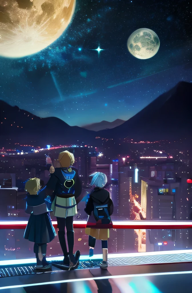 Anime Style　Cyber City　Starry Sky　Children playing　Back view