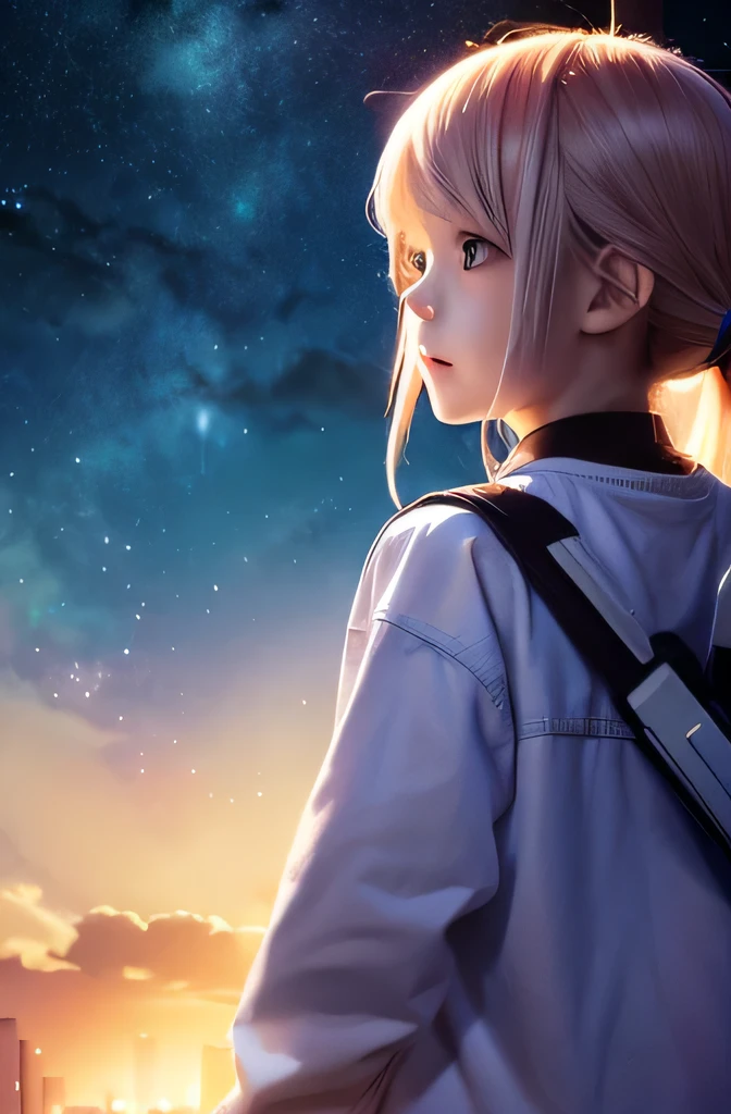 Anime Style Cyber City Starry Sky Children playing Back view