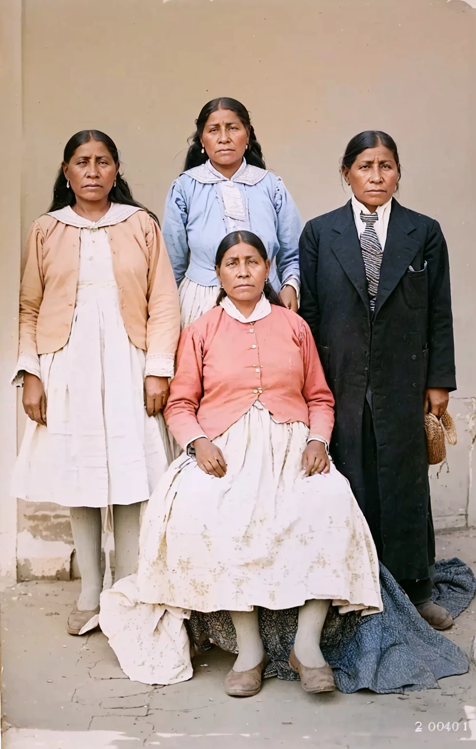Arafed family posing for a photo in front of a building, colored 1 9 0 4 photo, bolivian cholitas, colored, colored photo, a colored photo, restored color, restored photo, colored, Color restoration, colored photograph, colored, award winning colored photo, restored colors, 1904, Ropa 1 8 6 0 S 8k
