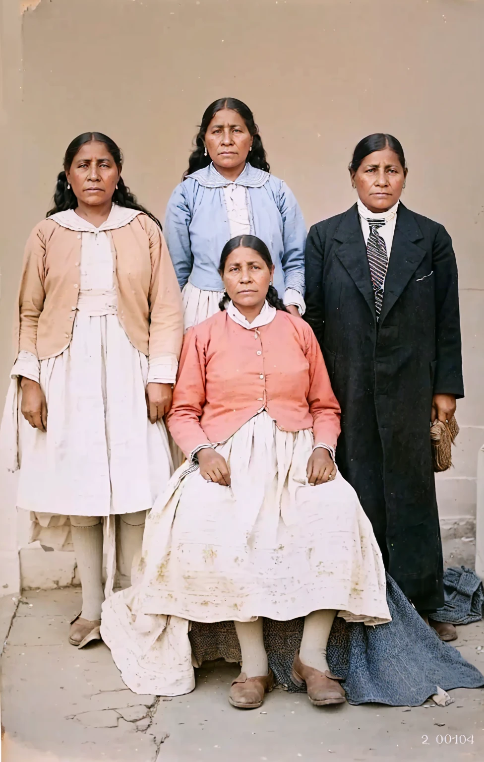 Arafed family posing for a photo in front of a building, colored 1 9 0 4 photo, bolivian cholitas, colored, colored photo, a colored photo, restored color, restored photo, colored, Color restoration, colored photograph, colored, award winning colored photo, restored colors, 1904, Ropa 1 8 6 0 S 8k