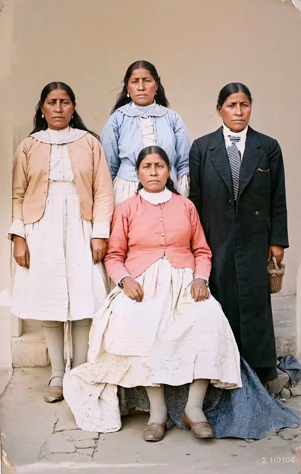 Arafed family posing for a photo in front of a building, colored 1 9 0 4 photo, bolivian cholitas, colored, colored photo, a colored photo, restored color, restored photo, colored, Color restoration, colored photograph, colored, award winning colored photo, restored colors, 1904, Ropa 1 8 6 0 S 8k