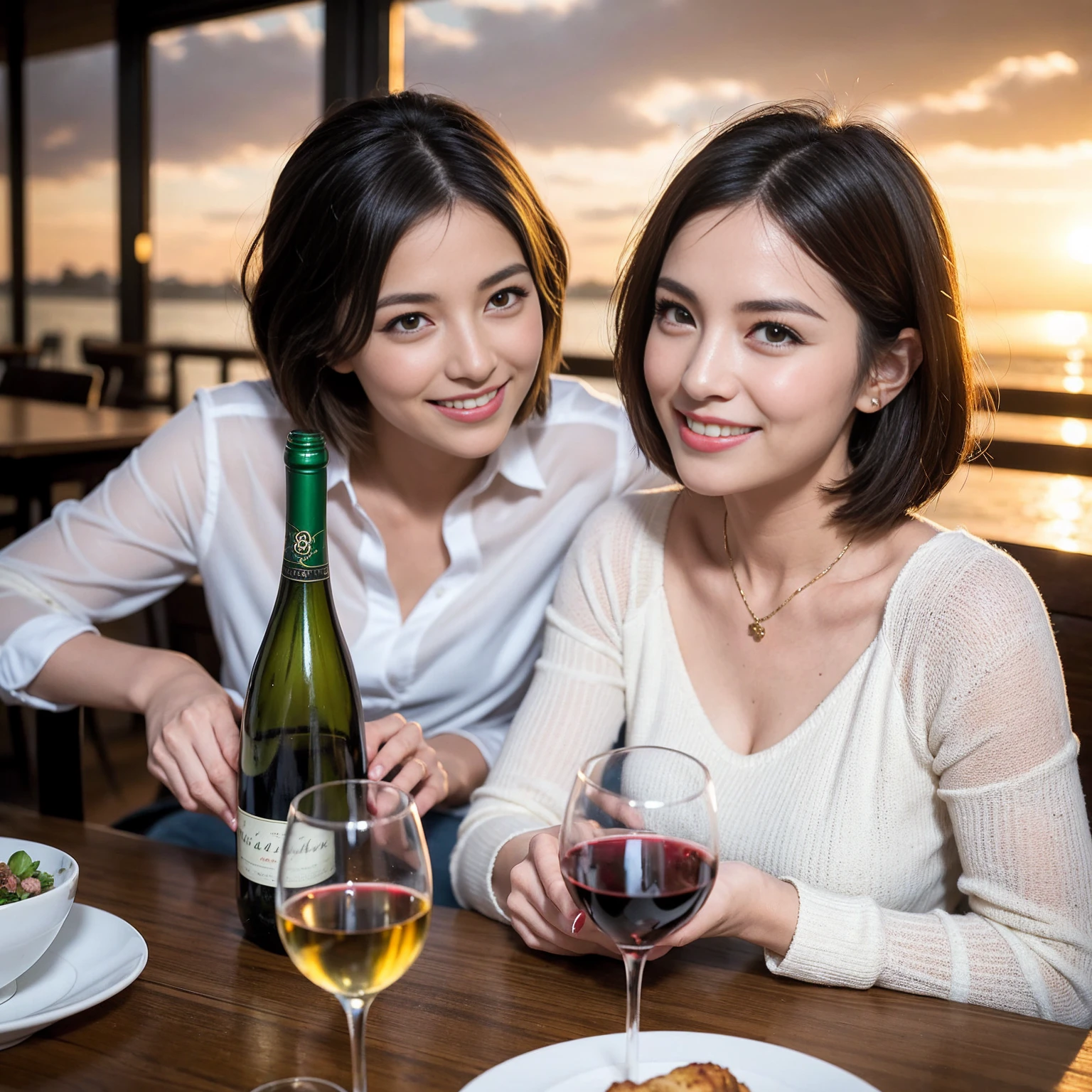((Highest quality、8K、masterpiece:1.3))、 (Ultra-realistic、 Genuine、Bright image、Intricate details:1.2), 最高のsmile、1 male 1 female、Beautiful couple、love love love、Lovers in Osaka、Good friends、actress couple、smile、Full-course dinner at a packed table、 (Slim face), (the body is slim), (Brown Hair), (short hair), テーブルのwine glass、Please shine a light on my face、 Amazing view of the sunset sky and clouds、36 years old 39 years old, red wine 、Wine bottle、sparkling wine、Long sleeve shirt、dress、White wine, red wine, wine glass,