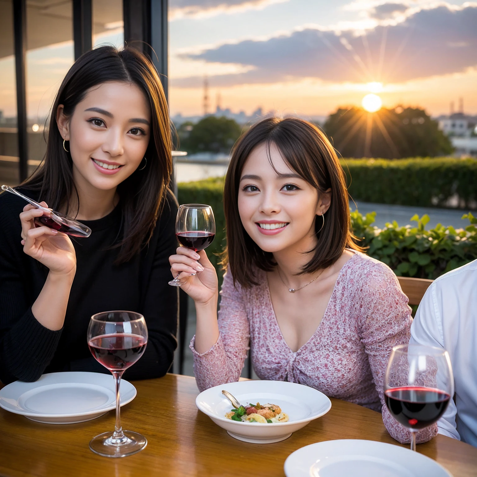 ((Highest quality、8K、masterpiece:1.3))、 (Ultra-realistic、 Genuine、Bright image、Intricate details:1.2), 最高のsmile、1 male 1 female、Beautiful couple、love love love、Lovers in Osaka、Good friends、actress couple、smile、Full-course dinner at a packed table、 (Slim face), (the body is slim), (Brown Hair), (short hair), テーブルのwine glass、Please shine a light on my face、 Amazing view of the sunset sky and clouds、36 years old 39 years old, red wine 、Wine bottle、sparkling wine、Long sleeve shirt、dress、White wine, red wine, wine glass,