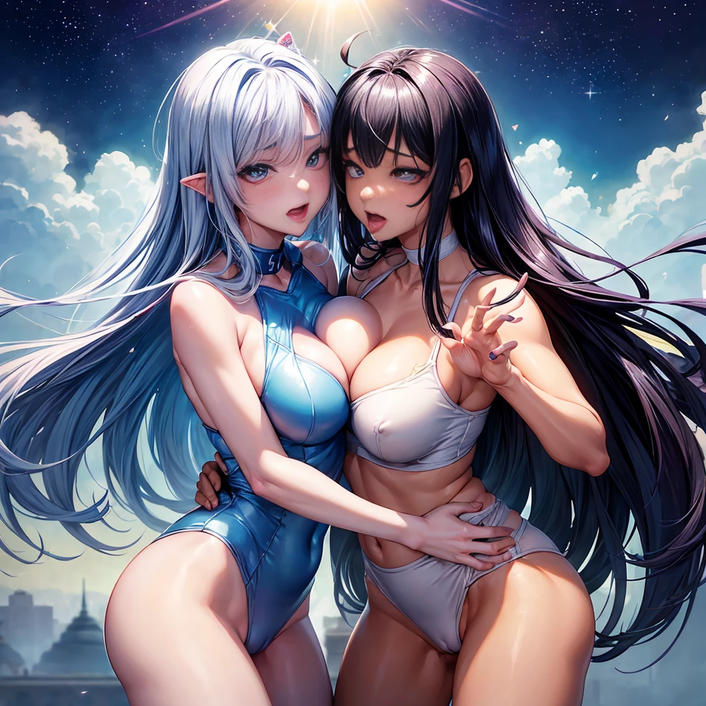 1 girl, ((1 men)), 20 year, Kale, ((((Sex)))), ((penis inside pussy, dick inside pussy, penis inside the vagina)), ((bright blue galaxy iris:1.2)), (((twinkling stars))), ((large shiny dusts scattered inside the hair:1.4, small shiny dusts inside the hair:1.3)), (((shiny hair:1.3))), ((Lens flare:1.2)), (rainbow lens), medium body, (((breasts big:1.2))), (((ahegao face))), weeping, weep, rip, mouth wide open, cute face, cute eyes, cute, restored eyes, restored mouth, 2 women hugging in an MMA CAGE, wearing sensuous MMA clothes, on a hot summer day, sensuous:1,5, yuri, Lesbian, nsfw, Lewd:1,5, stark:1,2, perfect hands with 5 fingers, perfect arms, Perfect Anatomia, come back