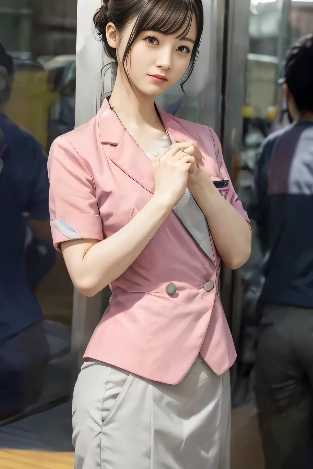 (masterpiece:1.2, Highest quality:1.2), 32k HDR, High resolution, (alone、1 girl)、（On the rooftop of a building in the daytime、Professional Lighting）、Building rooftop background、（Nankai train crew uniform pinkを着たリアルスタイル）、（Nankai train crew uniform pink short sleeve collarless pink jacket、Nankai Train Crew Uniform Pink Collarless Short Sleeve Blouse、Nankai Train Crew Uniform Pink Grey Knee-length Culottes）、（（The bottom of the pink short-sleeved jacket cannot be tucked into the clay-colored culottes.））、Dark brown hair、（Hair tied up、Hair Bun、Hair Bun）、Dark brown hair、Long Shot、Big Breasts、Thin legs、（（Great hands：2.0）），（（Harmonious body proportions：1.5）），（（Normal limbs：2.0）），（（Normal finger：2.0）），（（Delicate eyes：2.0）），（（Normal eyes：2.0））)、（Nankai Train Crew Uniform Pink Grey Knee-length Culottesを見せた美しい立ち姿）、smile