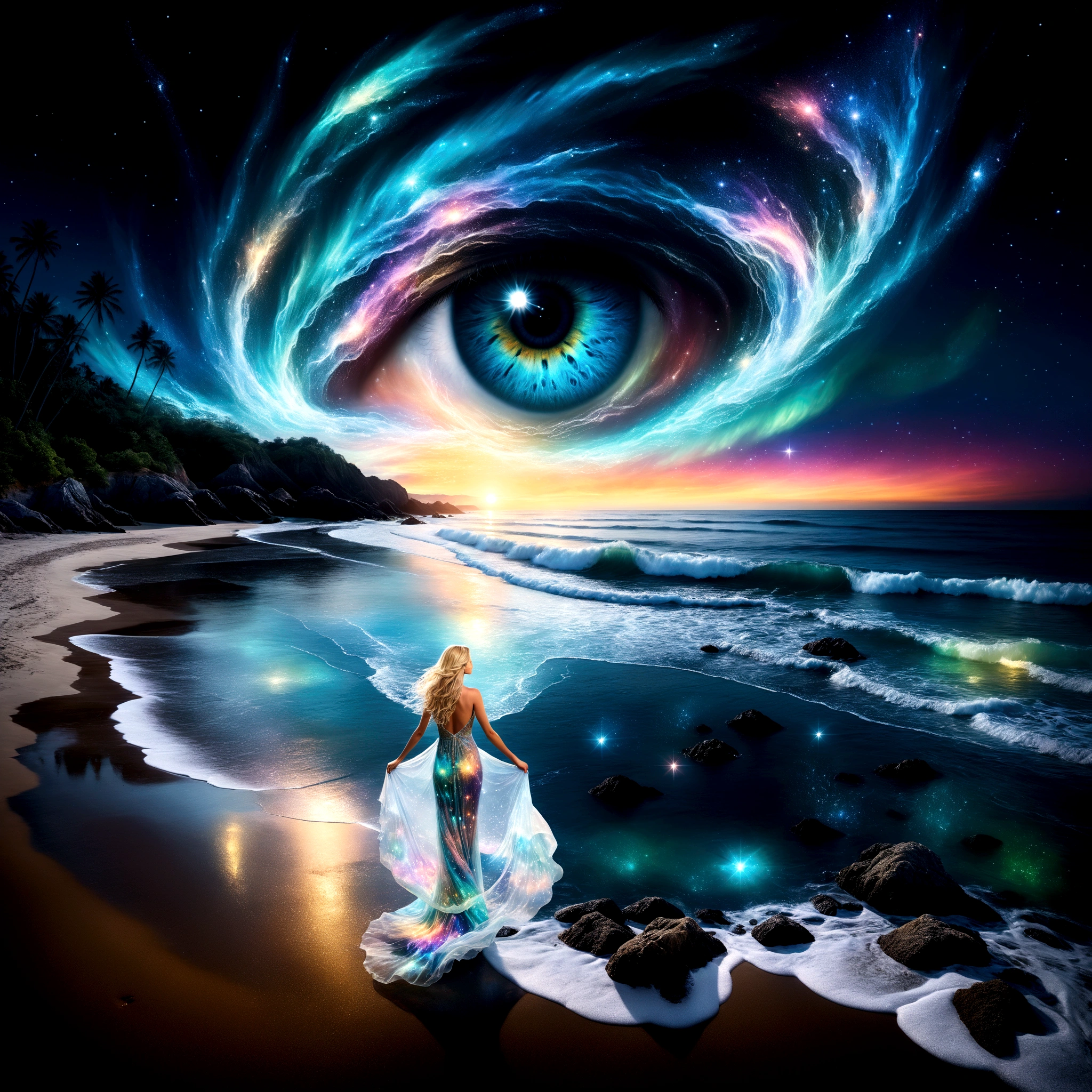 pristine beach at night with a bioluminescent and crystalline sea, viewed from a high vantage point. Sky: Majestic swirling galaxy forming a giant, detailed eye with vibrant colors reflecting on the water below. Bioluminescent and crystal-clear, with small waves crashing onto the sandy beach. Vivid reflections of the cosmic eye and starry sky on the water's surface. Intricate details in the waves' glow. Blonde woman with long flowing hair, wearing a floating, transparent dress resembling swirling patterns of Aurora Borealis. She stands in contemplation. Bioluminescent waves crashing onto a sandy beach at night, enchanting scene with vivid colors and gentle movement, A mesmerizing scene unfolds before your eyes as you gaze upon a hypnotic eye blending into a star-studded sky, dotted with nebulae and cosmic dust. intricate details in the waves' glow and shoreline, dreamy surrealism captured with high-resolution quality, cinematic aesthetic, raw capture of the ethereal moment with a touch of fantasy, beachscape illuminated in an otherworldly light, painterly tones and brush strokes in an oil painting style, shot with a Fujifilm XT3 and Plaubel Makina
