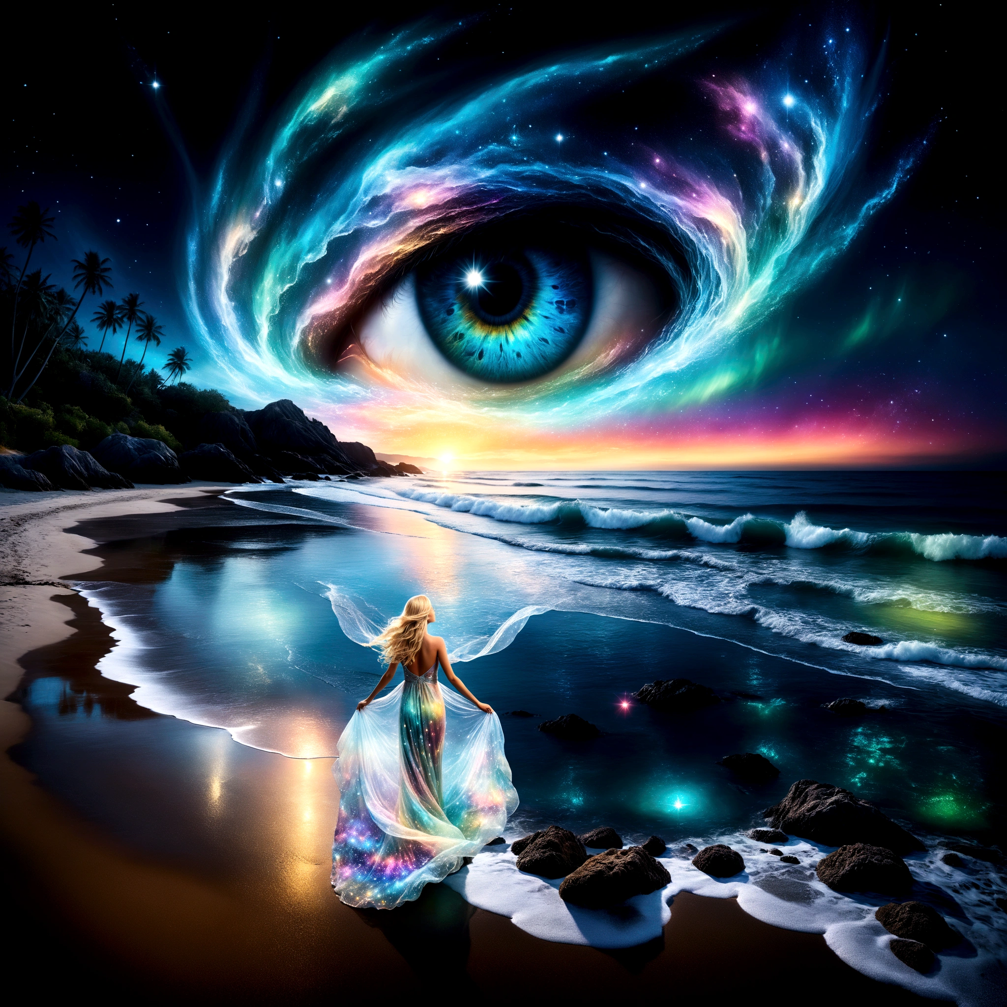 pristine beach at night with a bioluminescent and crystalline sea, viewed from a high vantage point. Sky: Majestic swirling galaxy forming a giant, detailed eye with vibrant colors reflecting on the water below. Bioluminescent and crystal-clear, with small waves crashing onto the sandy beach. Vivid reflections of the cosmic eye and starry sky on the water's surface. Intricate details in the waves' glow. Blonde woman with long flowing hair, wearing a floating, transparent dress resembling swirling patterns of Aurora Borealis. She stands in contemplation. Bioluminescent waves crashing onto a sandy beach at night, enchanting scene with vivid colors and gentle movement, A mesmerizing scene unfolds before your eyes as you gaze upon a hypnotic eye blending into a star-studded sky, dotted with nebulae and cosmic dust. intricate details in the waves' glow and shoreline, dreamy surrealism captured with high-resolution quality, cinematic aesthetic, raw capture of the ethereal moment with a touch of fantasy, beachscape illuminated in an otherworldly light, painterly tones and brush strokes in an oil painting style, shot with a Fujifilm XT3 and Plaubel Makina