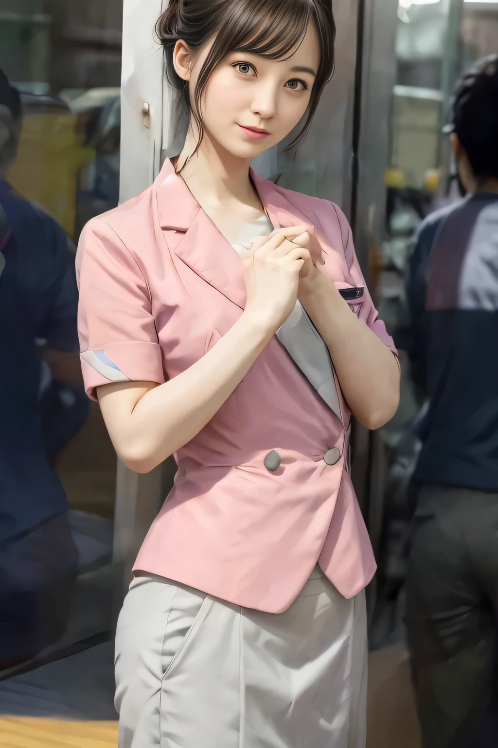 (masterpiece:1.2, Highest quality:1.2), 32k HDR, High resolution, (alone、1 girl)、（On the rooftop of a building in the daytime、Professional Lighting）、Building rooftop background、（Nankai train crew uniform pinkを着たリアルスタイル）、（Nankai train crew uniform pink short sleeve collarless pink jacket、Nankai Train Crew Uniform Pink Collarless Short Sleeve Blouse、Nankai Train Crew Uniform Pink Grey Knee-length Culottes）、（（The bottom of the pink short-sleeved jacket cannot be tucked into the clay-colored culottes.））、Dark brown hair、（Hair tied up、Hair Bun、Hair Bun）、Dark brown hair、Long Shot、Big Breasts、Thin legs、（（Great hands：2.0）），（（Harmonious body proportions：1.5）），（（Normal limbs：2.0）），（（Normal finger：2.0）），（（Delicate eyes：2.0）），（（Normal eyes：2.0））)、（Nankai Train Crew Uniform Pink Grey Knee-length Culottesを見せた美しい立ち姿）、smile