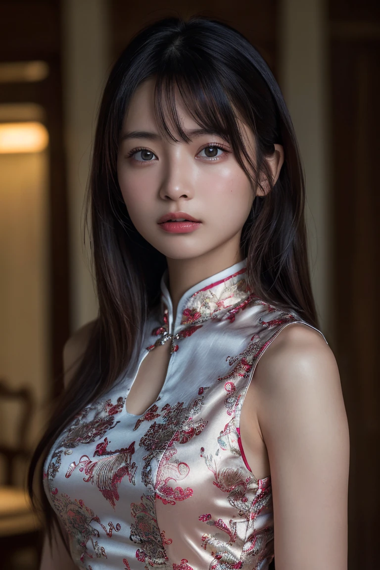 (Highest quality:1.4),(masterpiece:1.4),(Realistic:1.4),(Realistic:1.2),(超High resolution, RAW Photos:1.4),(High resolution, Ultra-detailed:1.2),(8K:1.2),Movie Photos,a photo of a dark-haired,One girl,alone,wear ,((China dress))、((Upper Body:1.3))