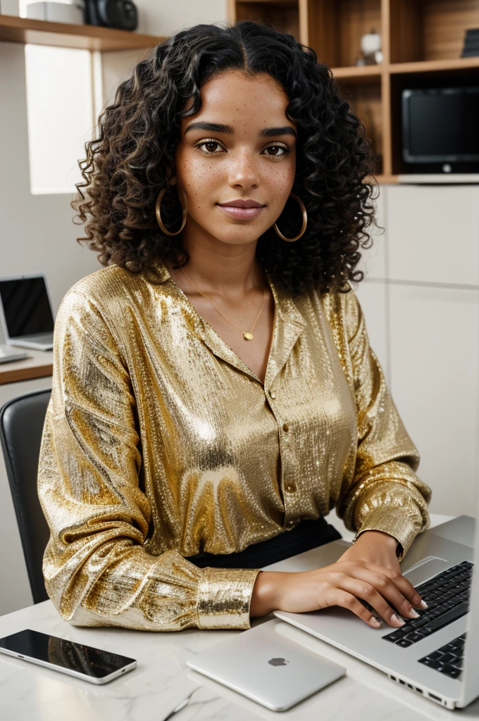 The woman has black curly hair, white skin, freckles and moles on her face. She is sitting with her gold and silver laptop. The laptop brand is Apple.