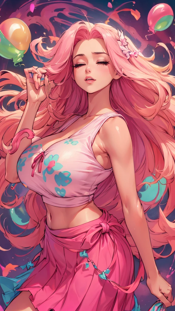 ((top-quality, 8K)), (Realistic), (Face Focus: 1.1), (White and pink: 1.3), woman, (milf), (sexy body), (huge breasts), long-hair, Body from the waist up, Hair fluttering in the wind, Facing to the side, Look up at your face, Eyes closed, (Sleeveless: 1.1), Skirt, Countless soap bubbles,