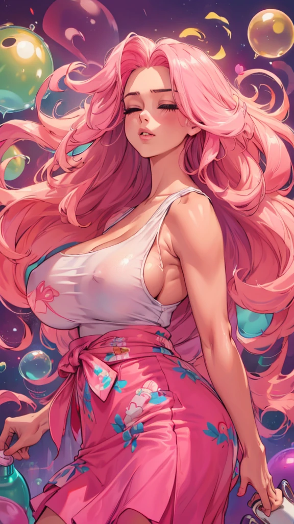 ((top-quality, 8K)), (Realistic), (Face Focus: 1.1), (White and pink: 1.3), woman, (milf), (sexy body), (huge breasts), long-hair, Body from the waist up, Hair fluttering in the wind, Facing to the side, Look up at your face, Eyes closed, (Sleeveless: 1.1), Skirt, Countless soap bubbles,